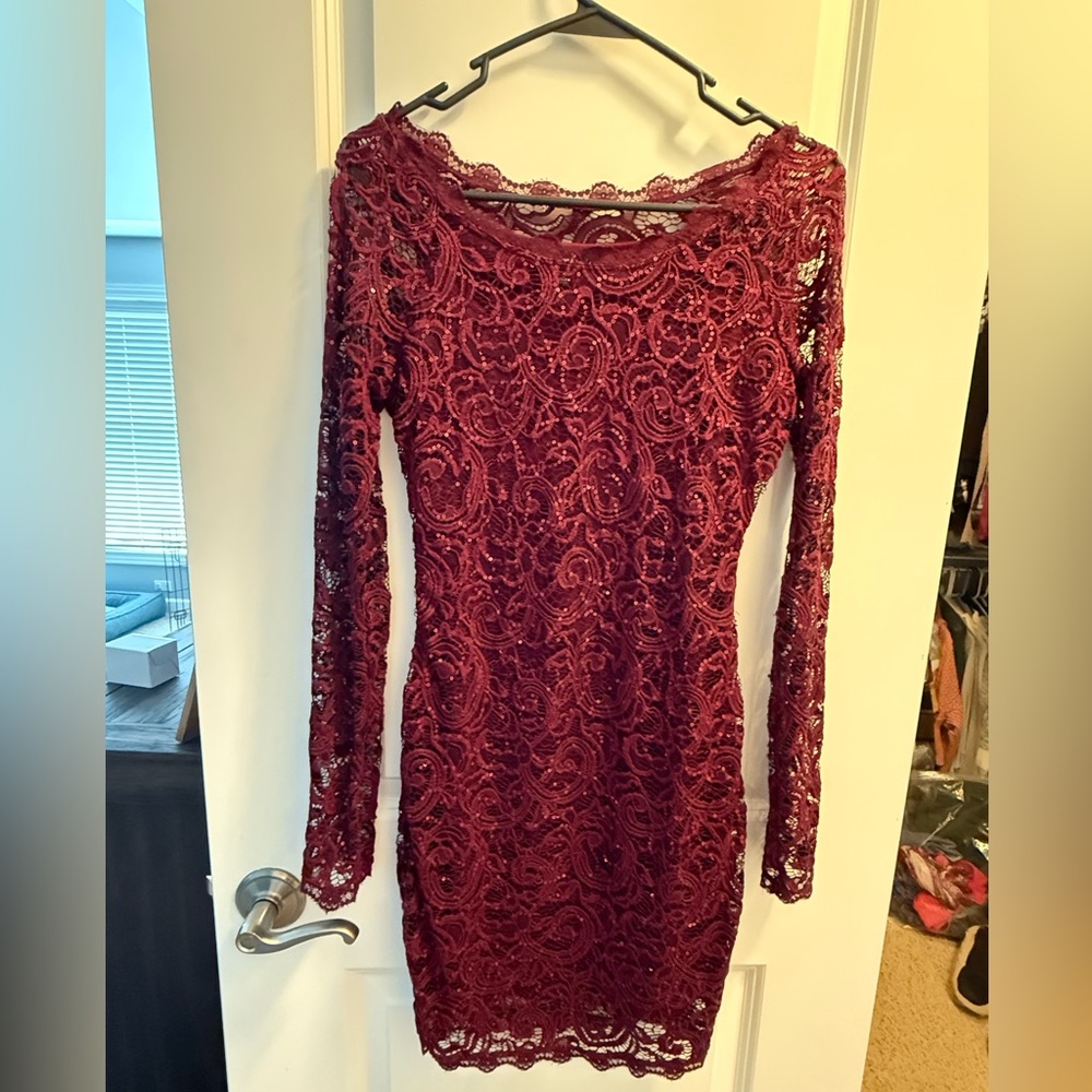 Maroon sequins & lace cocktail dress